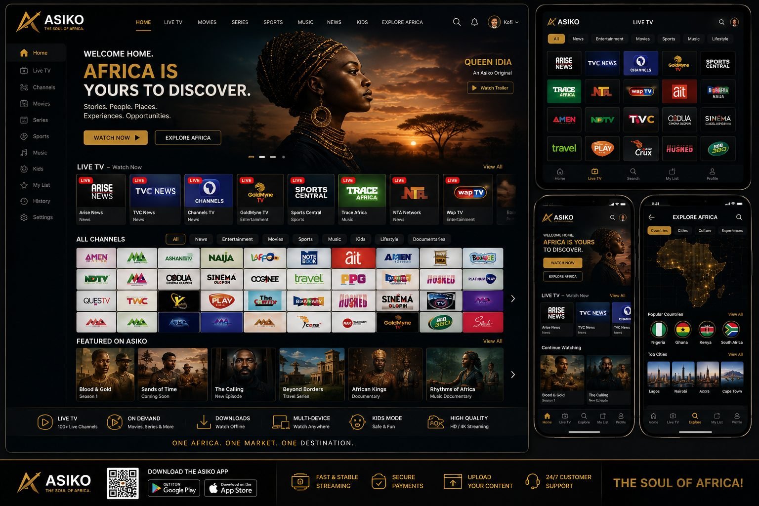 Asiko TV app — Live TV, Channels and Explore Africa screens